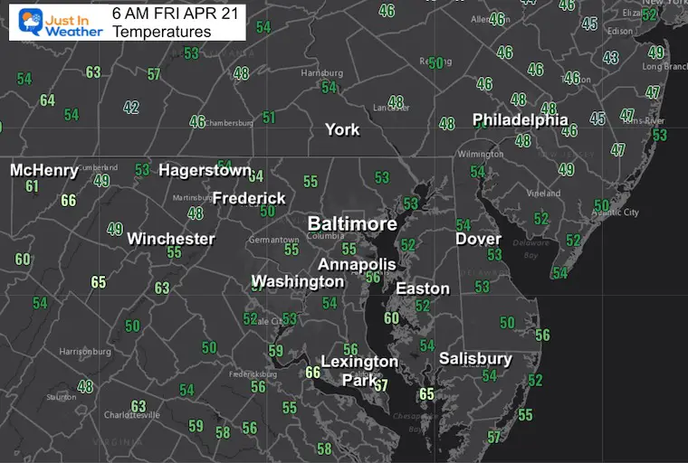 April 21 weather temperatures Friday morning