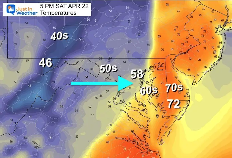 April 22 weather temperatures 5 PM Earth Day