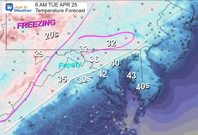 April 24 frost freeze Tuesday morning Temperatures