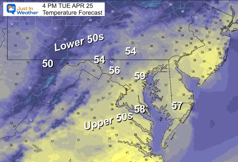 April 24 forecast temperatures Tuesday afternoon