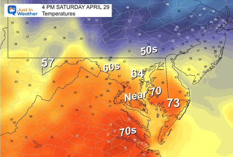 April 28 weather temperatures Saturday afternoon