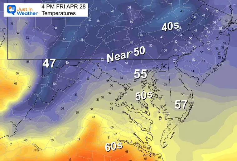 April 28 weather temperatures Friday afternoon