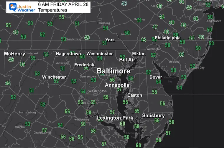 April 28 weather temperatures Friday morning