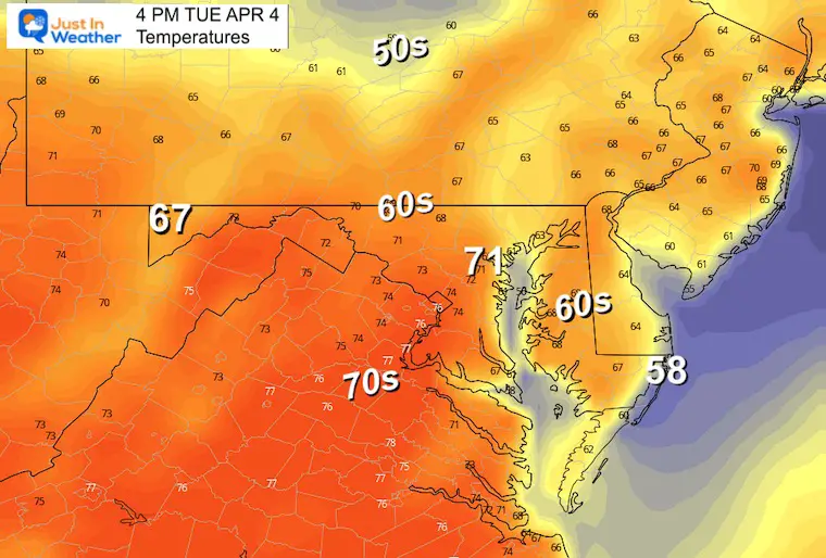 April 3 weather temperatures Tuesday afternoon