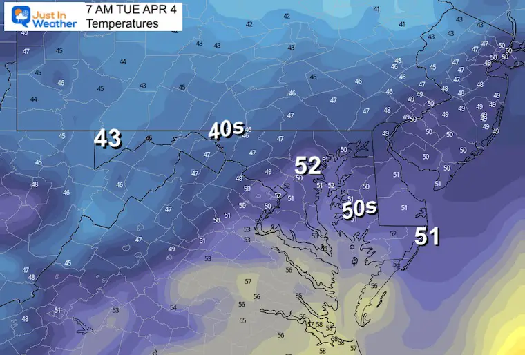 April 3 weather temperatures Tuesday morning