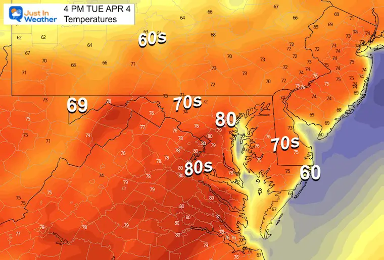 April 4 weather temperatures Tuesday afternoon