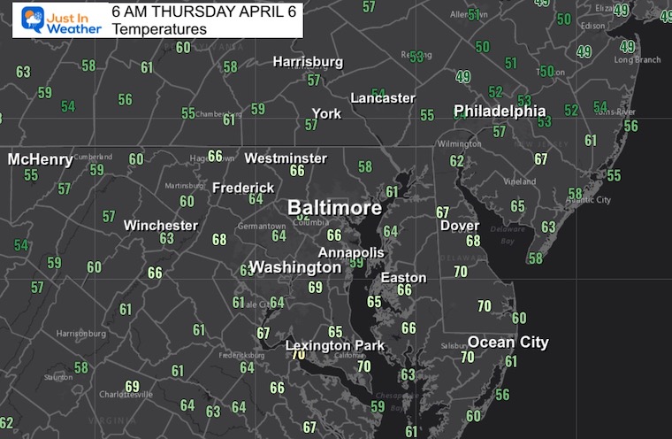 april 6 weather temperatures Thursday morning