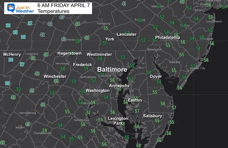 April 7 weather temperatures Friday morning