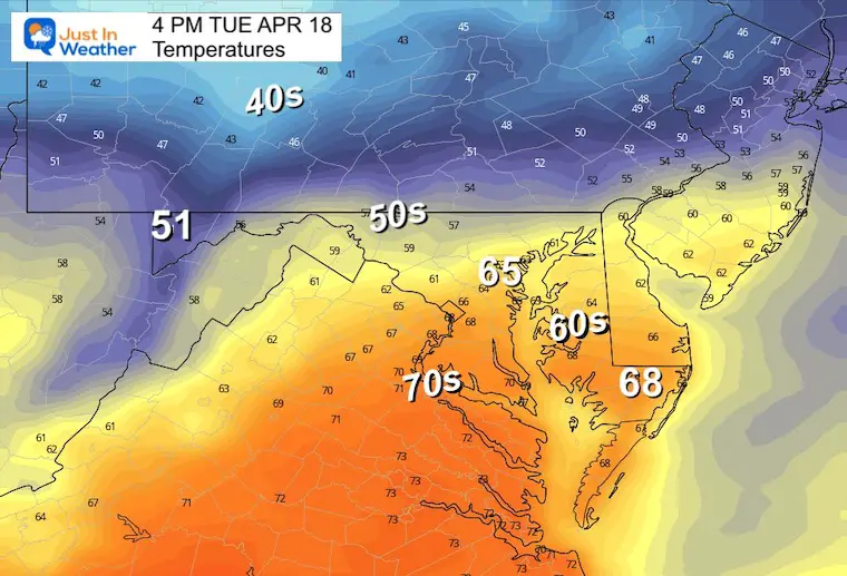 April 18 weather temperatures Tuesday afternoon