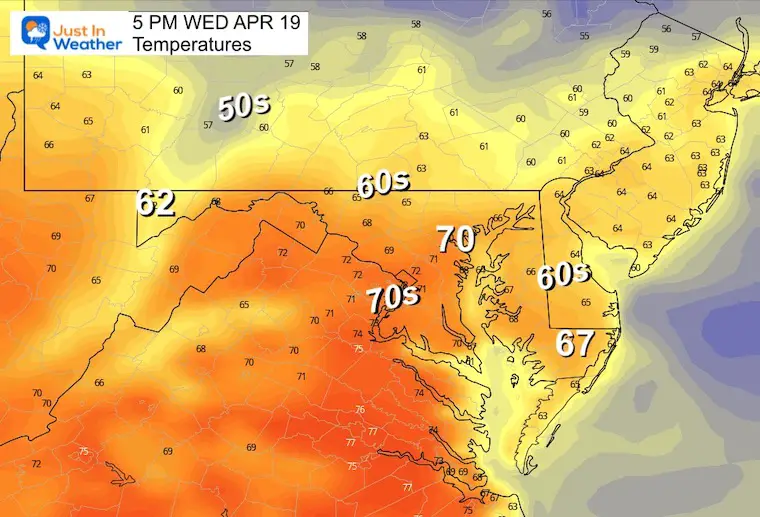 april 18 weather temperatures Wednesday afternoon