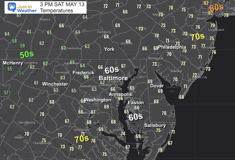 May 13 weather temperatures Saturday afternoon 3 PM