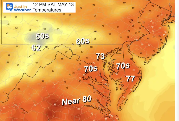 May 13 weather forecast temperatures Saturday afternoon