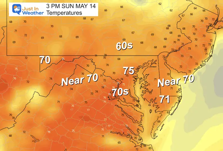 May 13 weather forecast temperatures Sunday afternoon