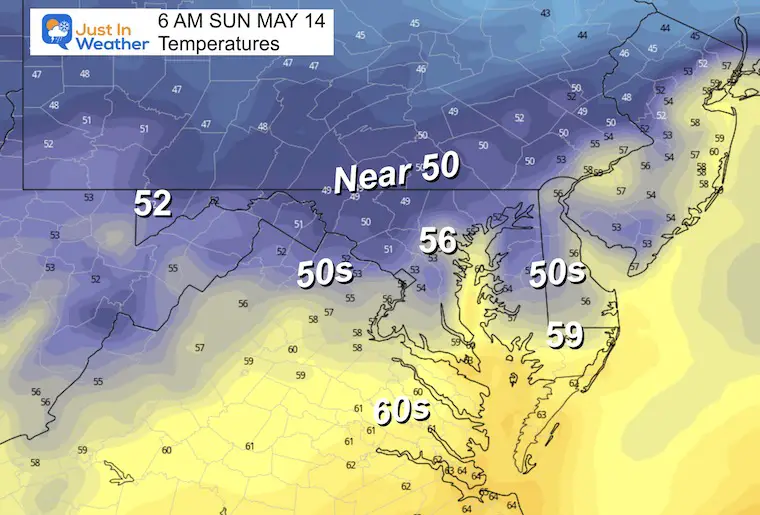 May 13 weather forecast temperatures Sunday Mothers Day morning