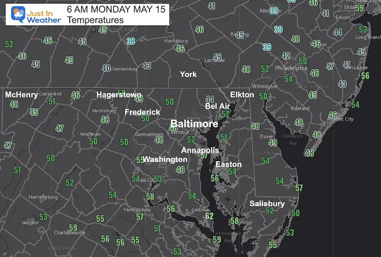 May 15 weather temperatures Monday morning