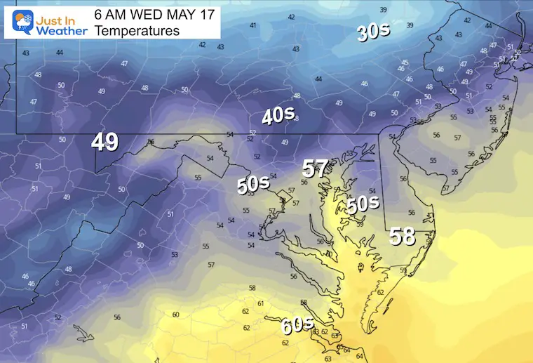 May 16 weather temperatures Wednesday morning