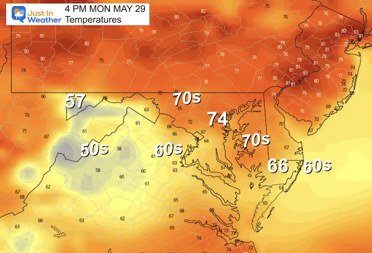 May 26 weather temperatures Memorial Day Monday afternoon