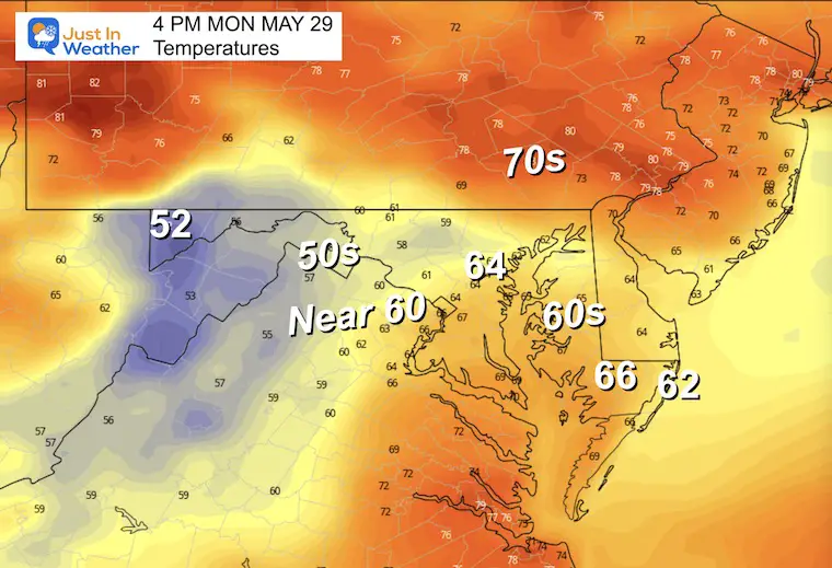 May 27 weather temperatures Memorial Day Monday afternoon