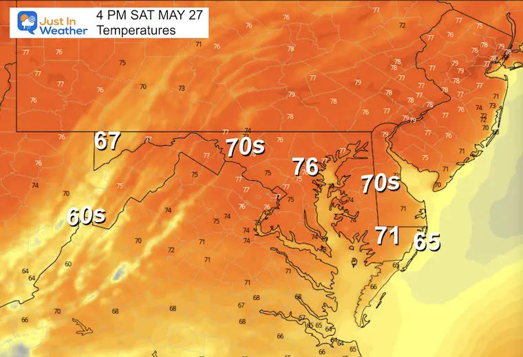 May 27 weather forecast temperatures Saturday afternoon