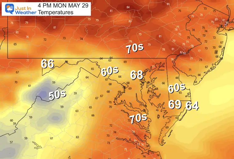 May 28 weather temperatures Memorial Day Monday afternoon