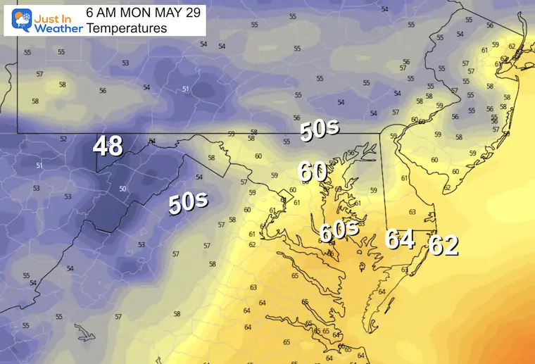 May 28 weather temperatures Memorial Day Monday morning