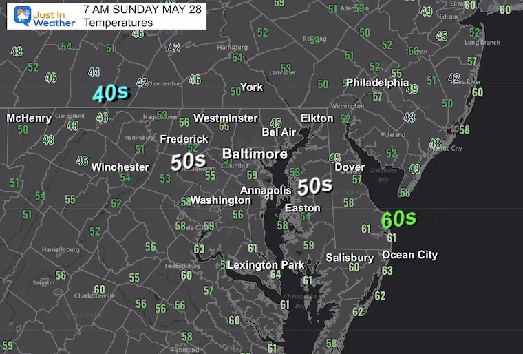 May 28 weather temperatures Sunday morning