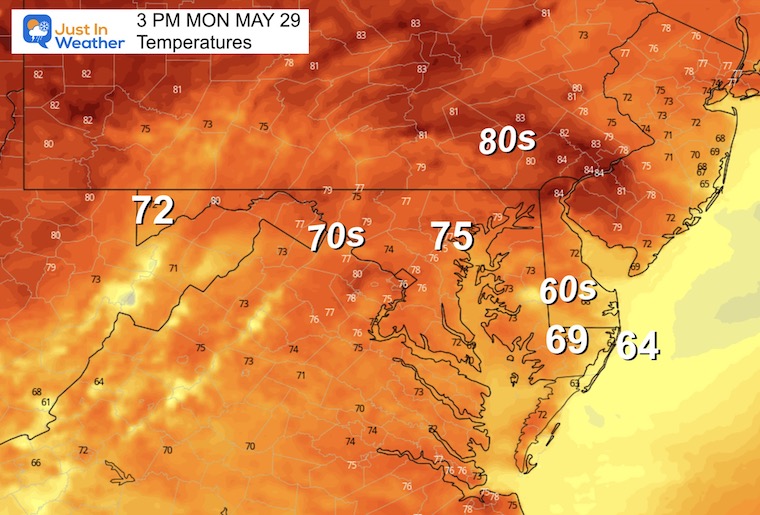 May 29 weather forecast temperatures Monday afternoon