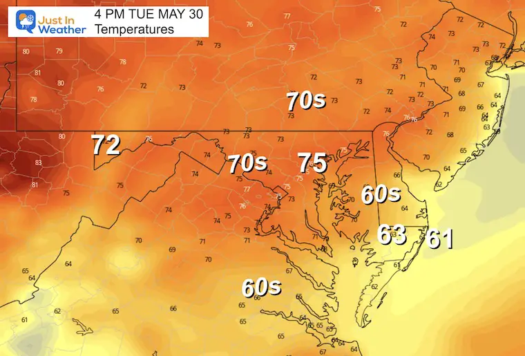 May 29 weather forecast temperatures Tuesday afternoon
