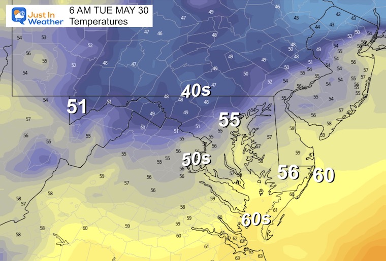 May 29 weather forecast temperatures Tuesday morning