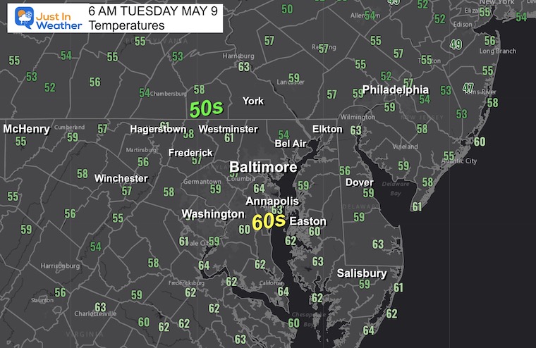 May 9 weather temperatures Tuesday morning