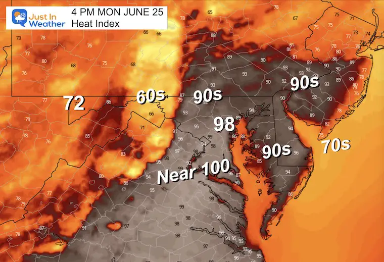 June 26 weather heat index Monday afternoon