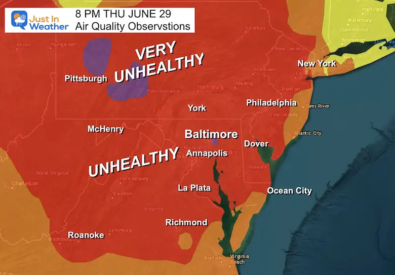 June 29 weather pollution map Thursday evening