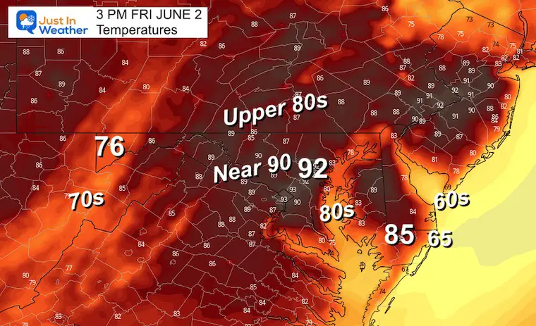 June 1 weather forecast temperatures Friday afternoon