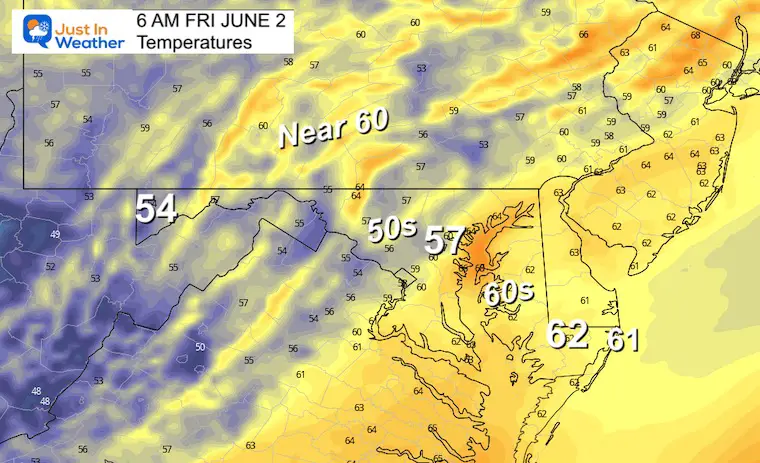 June 1 weather forecast temperatures Friday morning