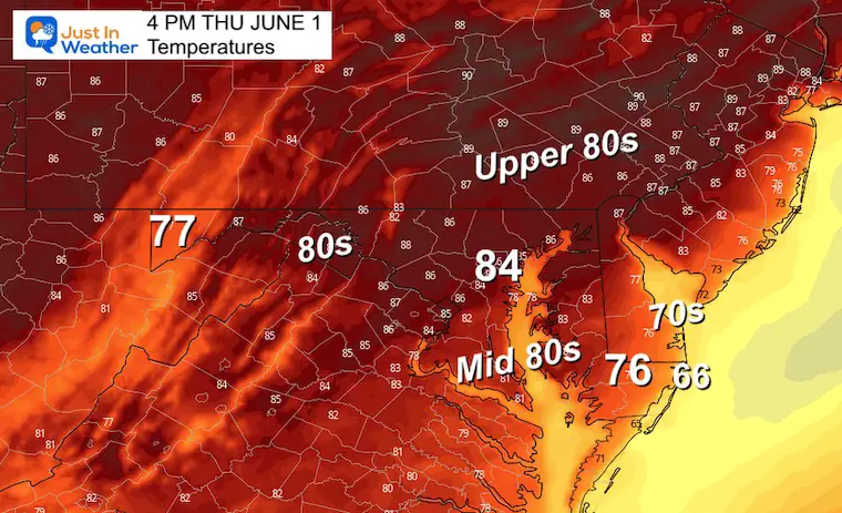 June 1 weather forecast temperatures Thursday afternoon