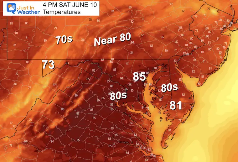 June 10 weather temperatures Monday afternoon