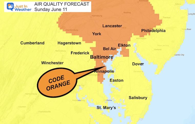 June 11 weather air quality forecast Code Orange Sunday