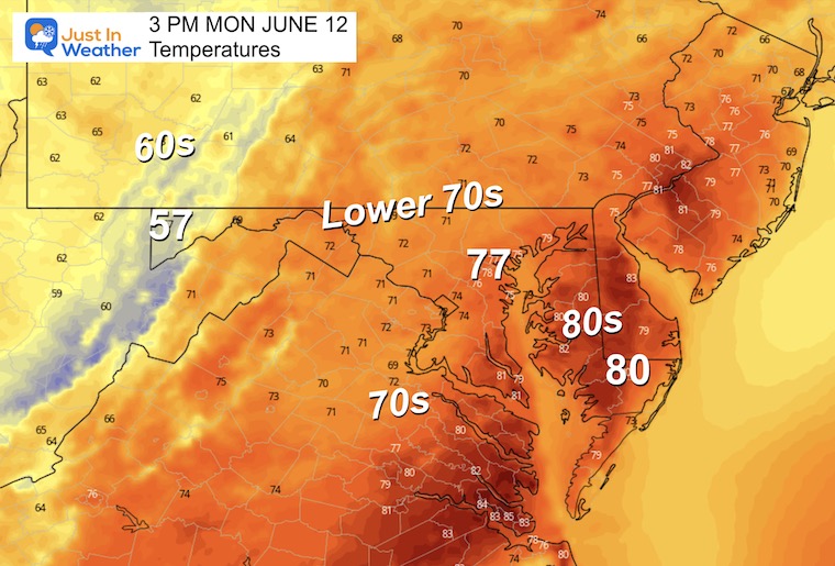 June 11 weather temperatures Monday afternoon