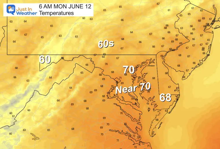 June 11 weather temperatures Monday morning