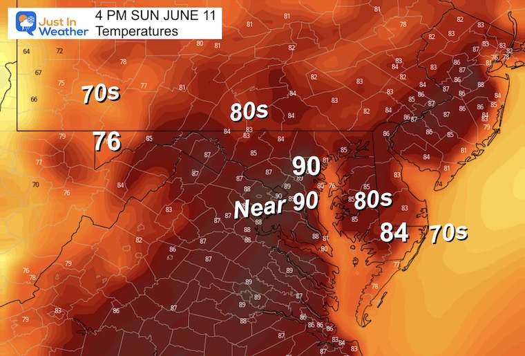 June 11 weather temperatures Sunday afternoon