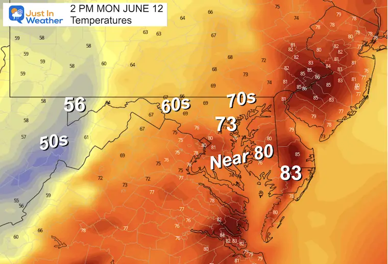 June 12 weather temperatures Monday afternoon