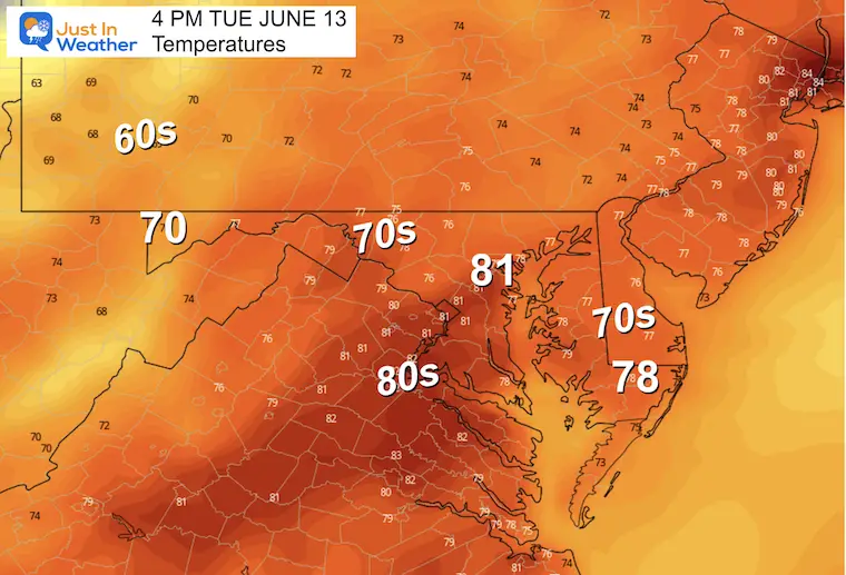 June 12 weather temperatures Tuesday afternoon
