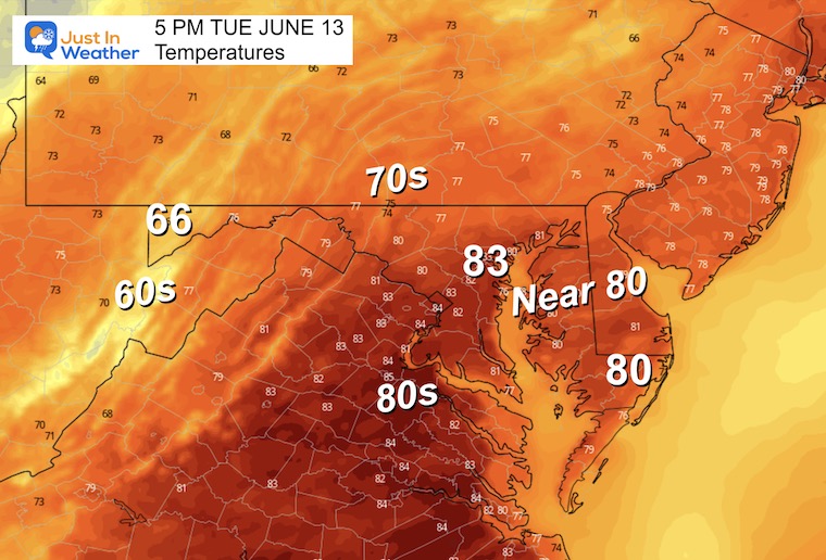 June 13 weather temperatures Tuesday afternoon