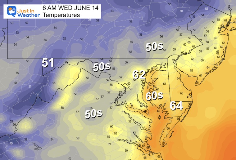 June 13 weather temperatures Wednesday morning