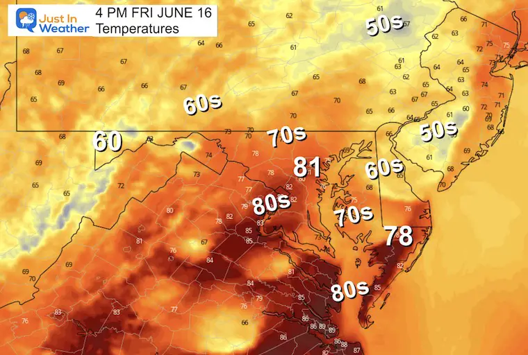 June 16 weather temperatures Friday afternoon