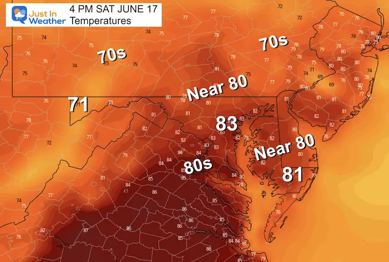 June 16 weather temperatures Saturday afternoon