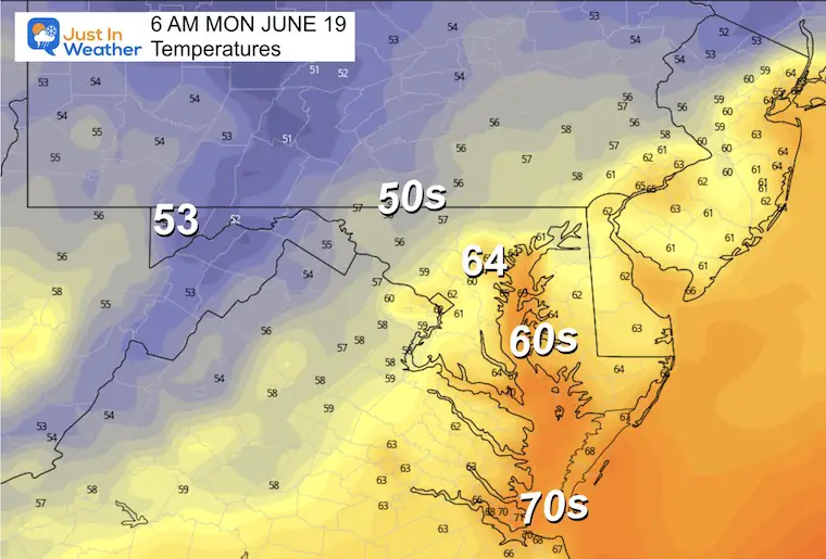 June 18 weather temperatures Monday morning