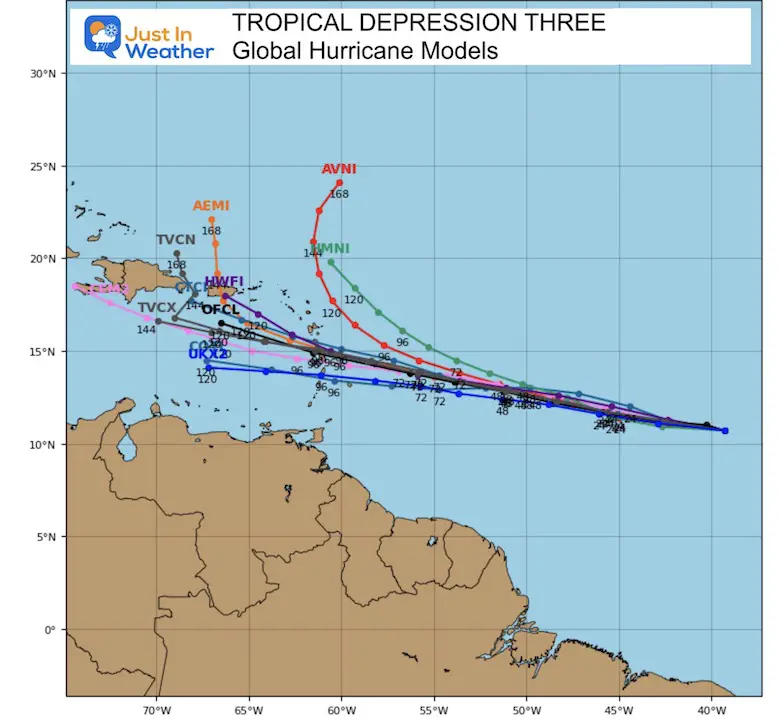 Juen 19 Tropical Depression Three forecast tracks