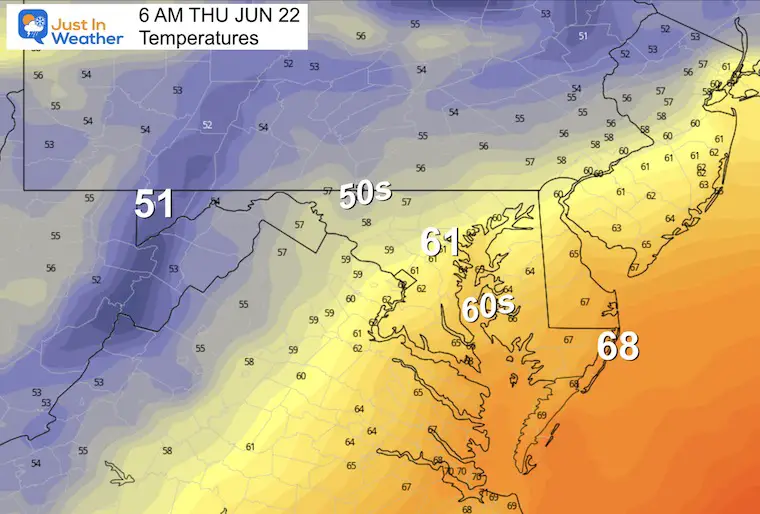 june 21 weather temperatures Thursday morning