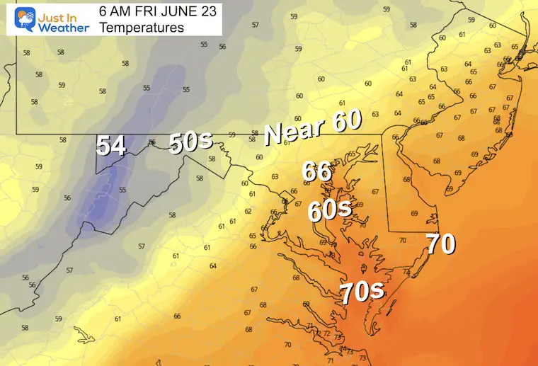 June 22 weather temperatures Friday morning